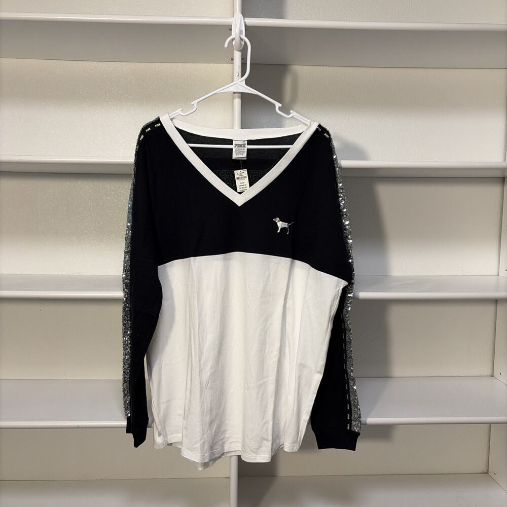 NWT Victoria’s Secret Black & White Dog Bling Sequin Varsity LS V-Neck XL